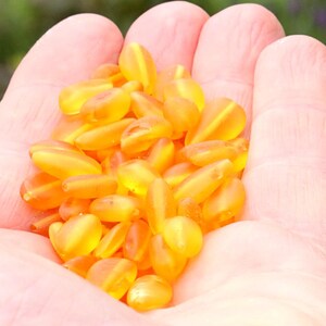 May include: A collection of small, translucent, yellow-orange beads with a smooth, rounded, pebble-like shape. The beads have a semi-matte finish and vary slightly in their specific shade of warm yellow and orange, creating a uniform appearance.