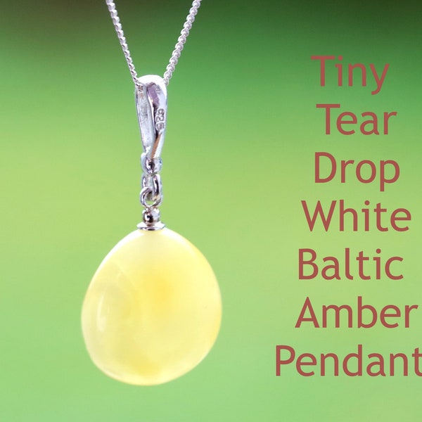 Pendentif blanc classique en forme de petite larme avec gemme d'ambre blanc / Pendentif gemme d'ambre délicat en argent 925 avec pierre gemme d'ambre