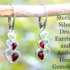 Boucles d'oreilles coeur en argent sterling en ambre de la Baltique | Pendentifs empilés de coeurs en argent et gemme d'ambre