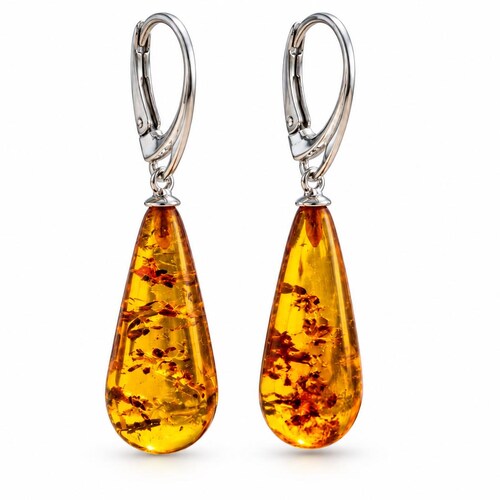 Sterling Silver Amber Drop Earrings | Baltic Teardrop Gemstones | Hand Crafted
