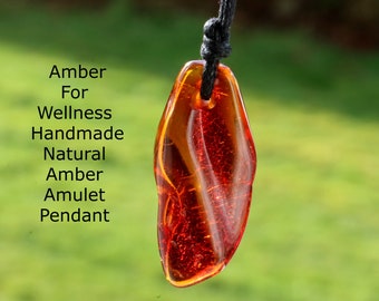 Amber for Wellness / Natural Amber Amulet Pendant / Tumbled Gemstone Amulet on adjustable cord / Nordic Protection Amulet Gift for Men