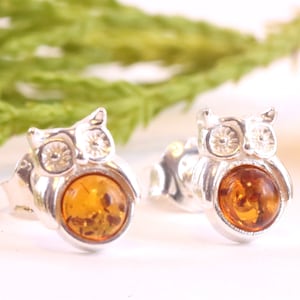 Oorknopjes kleine uil | Sterlingzilveren sieraden van Baltisch barnsteen | Wijze uil-symbool | Natuurlijke edelsteenstekers | Sierlijk sieraadcadeau