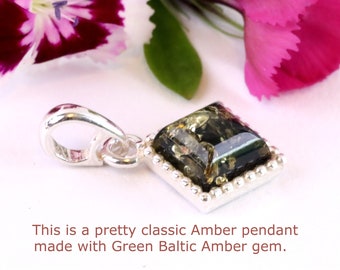 Tiny Classic Green Pendant Gift / Geometric Square Amber Gem / Dainty 925 Silver Amber Gemstone /  Baltic Amber Pendant with Certificate