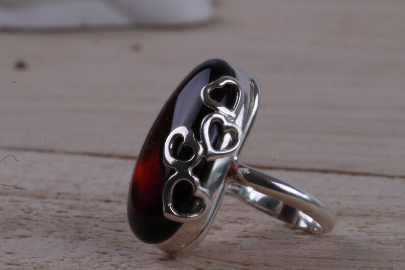 Blood Amber Ring Quality Cherry Baltic Amber Gemstone and Sterling Silver Ring Large Oval Shape Adjustable Ring Heart Motif