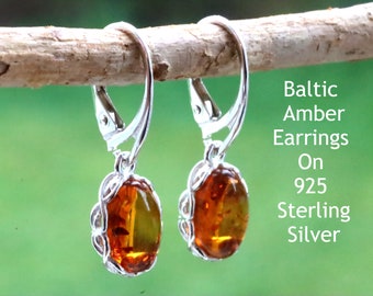 Beautiful Drop Amber Earrings On 925 Sterling Silver / Baltic Gemstone Earrings / Natural Baltic Amber jewelry / Amber Tear Drop Earrings