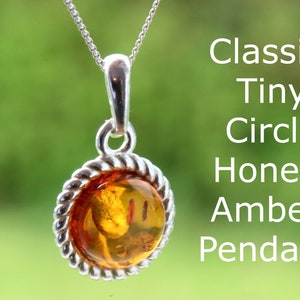 Op de afbeelding: Zilveren hanger met een honingkleurige barnsteen. De barnsteen is rond en gezet in een gedraaide zilveren bezel. De hanger hangt aan een fijne zilveren ketting. Tekst: Classic Tiny Circle Honey Amber Pendent.