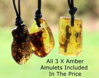 3 X Quirky Amber Amulets. All 3 Amulets Included In This Offer, Natural Handmade Amber Pendant / Gem Amulet on adjustable cord