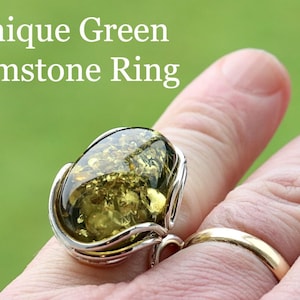 Exclusive Adjustable Green Baltic Amber Ring | Sterling Silver Statement Gemstone | Unique Green Amber Jewelry Gift