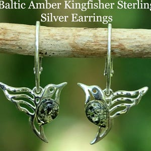 Silver Bird Earrings / Kingfisher Sterling Silver Earrings / Green Baltic Amber Gemstone /  Drop Earrings Lever Backs