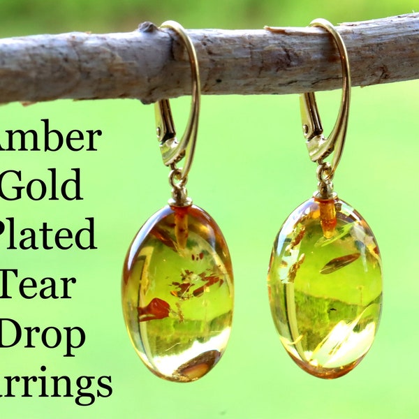 Hand Made Baltic Amber Gold Plated Tear Drop Earrings /  Gemstone Earrings / Gold plated 925 Sterling Silver jewelry