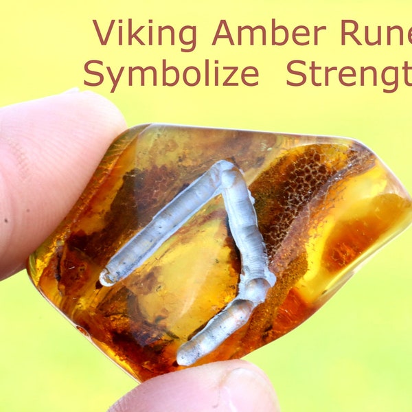 Amber Rune Strength Symbol / Medieval Writing Art /  Healing Energy Amber Gemstone Wellness Gift / Strong Message Talisman