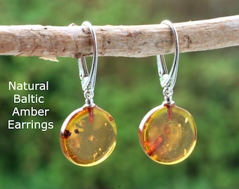 Amber Gemstone Disc Earrings / Baltic Amber Drop Earrings / Pair of Natural earrings / 925 Sterling Silver Round Circle Gems / Latch Back