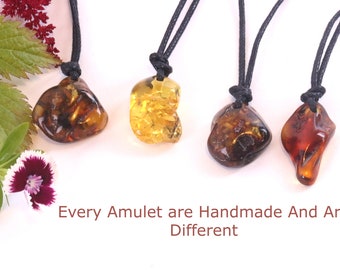 Pendentif amulette en ambre Anxiety pour la protection et la pleine conscience/Amulette en pierres précieuses tombées sur cordon ajustable adapté aux végétaliens