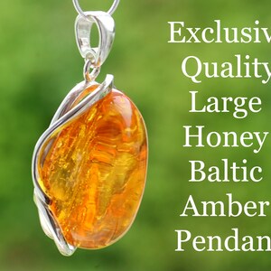 Exclusive Quality Large Honey Baltic Amber Pendant on 925 Sterling