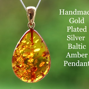Handmade Gold-Plated Baltic Amber Teardrop Pendant / Timeless Gemstone Jewelry | Classic Honey Amber | Eco-Friendly Gift Packaging