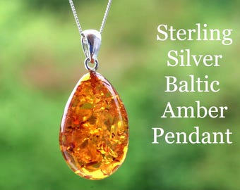 Quality Teardrop Baltic Amber Pendant /  Tear Drop Gems / Sterling Silver Amber Jewelry