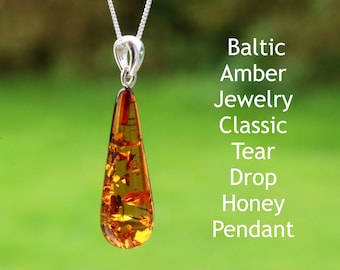 Baltic Amber Jewelry / Classic Tear Drop Honey Pendant Gift / Dainty Honey Amber Gem on 925 Silver / Natural Amber Charm / Long Drop Pendant