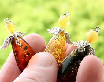 Guardian Angel Gift / Sterling Silver Angel Gemstone Charm Pendant / Amber Angel for Protection  / Guardian Angel