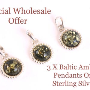 3 x Green Baltic Amber Pendants – Sterling Silver | Wholesale Jewelry Lot | Natural Gemstone Pendants Only one lot available