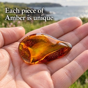Könnte beinhalten: Ein poliertes, tropfenförmiges Stück gold-orangener Bernstein mit sichtbaren inneren Texturen und Einschlüssen. Der Text 'Each piece of Amber is unique' ist über das Bild gelegt, das ein natürliches, durchscheinendes und warm getöntes fossiles Harz zeigt.
