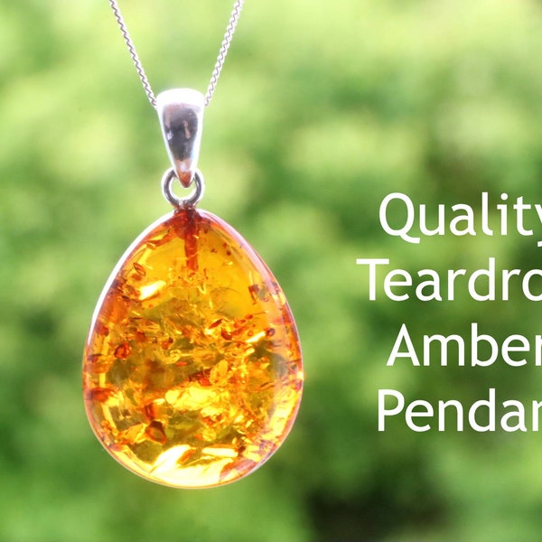 Unique Quality Teardrop Amber Pendant / Baltic Amber Shaped Tear Drop Gemstone / Silver Jewelry Gift / Honey Amber Jewellery
