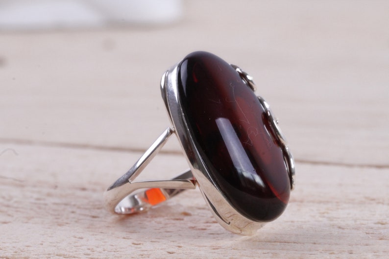 Blood Amber Ring Quality Cherry Baltic Amber Gemstone and Sterling Silver Ring Large Oval Shape Adjustable Ring Heart Motif