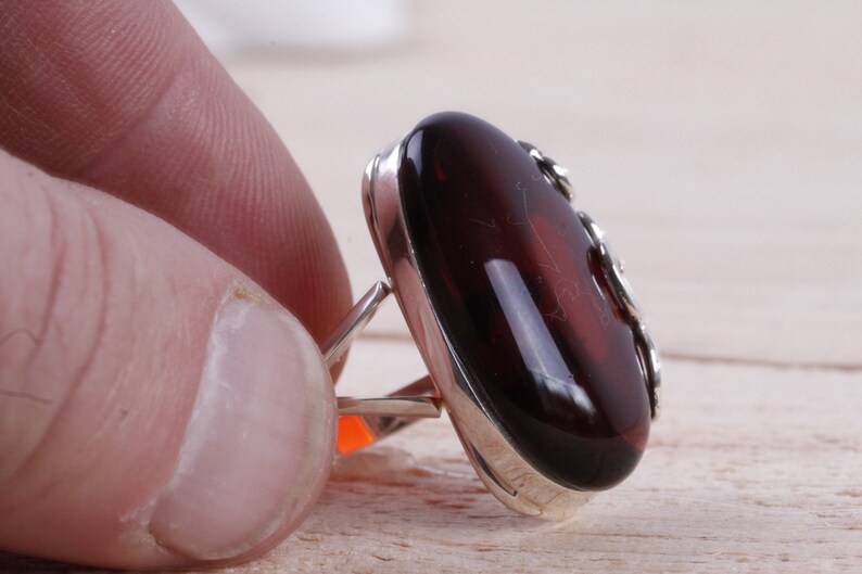 Blood Amber Ring Quality Cherry Baltic Amber Gemstone and Sterling Silver Ring Large Oval Shape Adjustable Ring Heart Motif