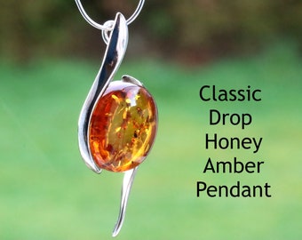 Classic Drop Honey Pendant Gift  / Amber Gem Affordable 925 Sterling Silver Baltic Amber Gemstone Pendant