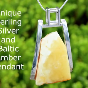 Unique Sterling Silver and Baltic Amber Pendant / Natural Amber Gemstone Pendant  / Bold and Elegant and Simple