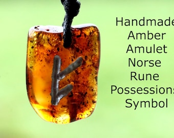 Norse Rune Possessions Symbol With FREE Extra Amulet  / Baltic Amber Rune Futhark Carving /  Meditation Wellness Gift / Viking Amulet