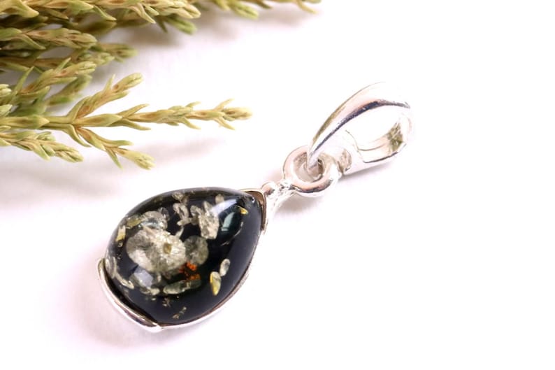 Dainty Green Baltic Amber Pendant: 925 Sterling Silver, Minimalist Jewelry image 6