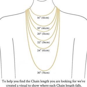 May include: A visual guide showing different chain lengths for necklaces, ranging from 16 inches (41 cm) to 30 inches (76 cm).