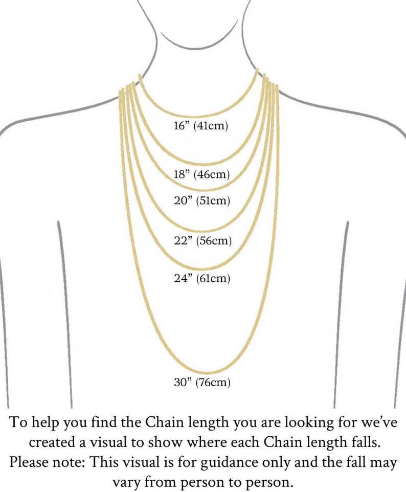 May include: A visual guide showing different chain lengths for necklaces, ranging from 16 inches (41 cm) to 30 inches (76 cm).
