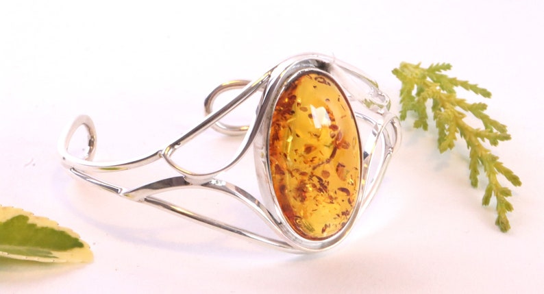 Silver Bangle Honey Amber Gemstone Adjustable Bangle / 925 Sterling Silver Bangle / Baltic Amber Handmade Gift / Amber Jewellery zdjęcie 10