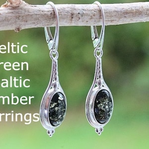 Green Amber Earrings 925 Sterling Silver Gemstone Earrings / Baltic Amber Gem Earrings Natural Baltic Amber Tear Drop Earrings