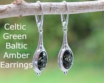 Green Amber Earrings 925 Sterling Silver Gemstone Earrings / Baltic Amber Gem Earrings Natural Baltic Amber Tear Drop Earrings