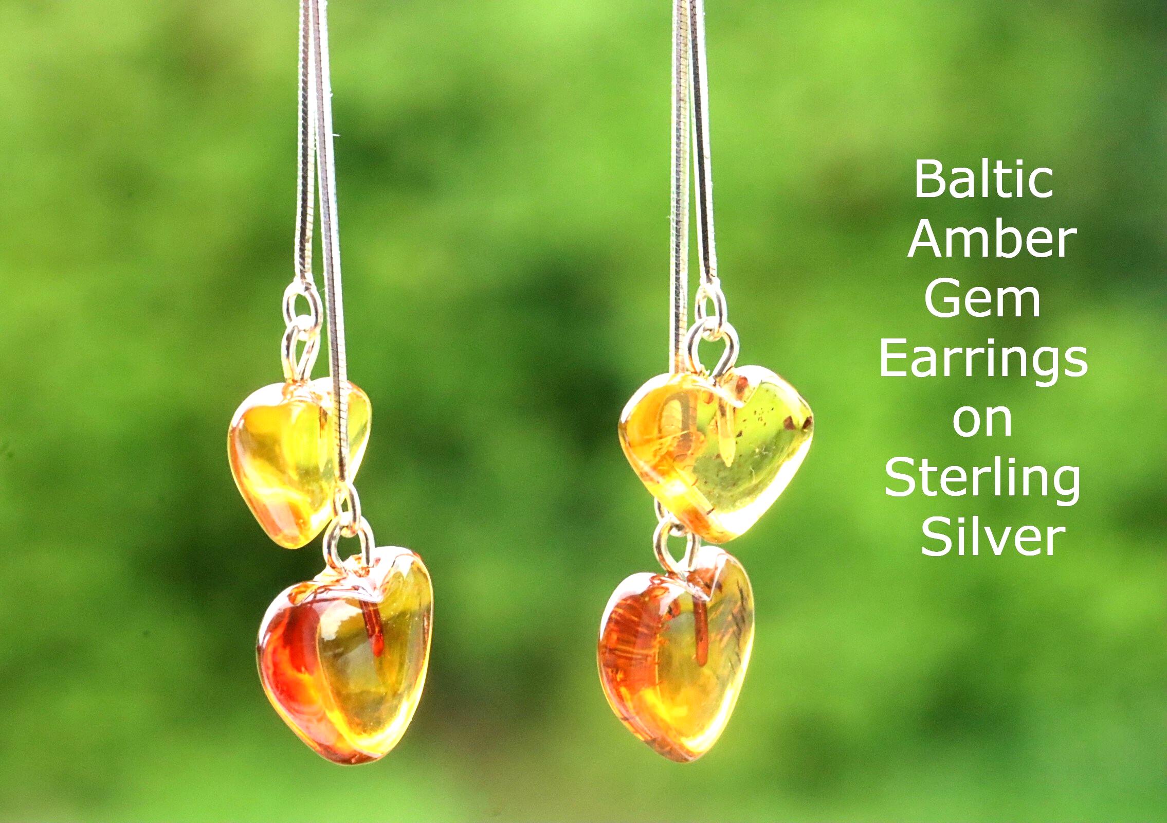Gemstone Heart Baltic Amber Earrings Dangling Heart Drop on 925…