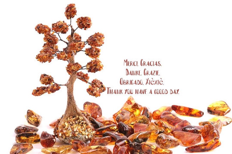 May include: A small amber tree with a base of amber stones. The tree is surrounded by amber stones of various shapes and sizes. The text "MERCI GRACIAS, DANKE, GRAZIE OBRIGADO, XI&Egrave;XIC. THANK YOU HAVE A GOOD DAY." is written in brown text on a white background.