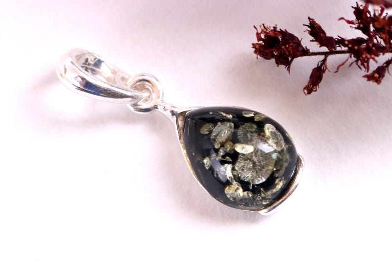 Dainty Green Baltic Amber Pendant: 925 Sterling Silver, Minimalist Jewelry image 5
