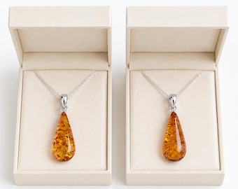 Set di 2 ciondoli a goccia in ambra baltica – Gioielli in argento sterling 925 / Regalo di Natale da condividere
