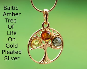 Baltic Amber Tree Of Life On Gold Plated Silver Baltic Amber Pendant / 925 Gold Plated Silver Amber Gemstone Pendant Gift / Amber