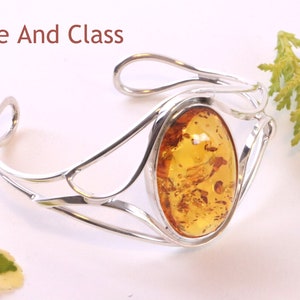 Silver Bangle Honey Amber Gemstone Adjustable Bangle / 925 Sterling Silver Bangle / Baltic Amber Handmade Gift / Amber Jewellery zdjęcie 2