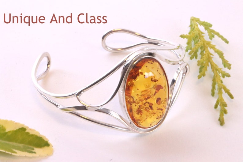 Silver Bangle Honey Amber Gemstone Adjustable Bangle / 925 Sterling Silver Bangle / Baltic Amber Handmade Gift / Amber Jewellery zdjęcie 2