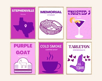 May include: Set of six printable wall art prints featuring purple and pink designs with text. The prints include a map of Texas, a stadium, a cocktail, a goat, a coffee cup, and a hand with the text "Roll Texans".