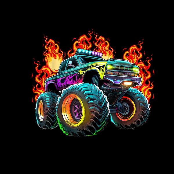 Monster Truck Flame Retro Monster Truck Birthday Boy Party PNG Digital