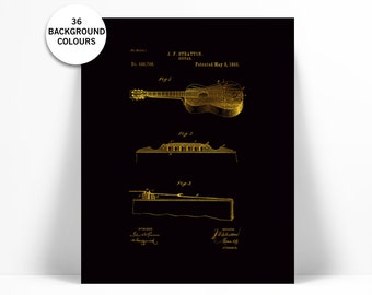 Acoustic Guitar Patent Illustration - Gold Foil Print - Music Poster - Musician Gift - Guitar Poster - Guitar Art Print - Music Art Print