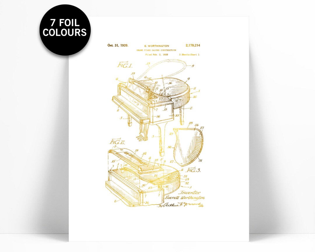 Grand Piano Patent Illustration Gold Foil Print Music Poster - Etsy