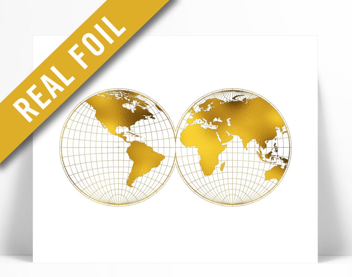 World Map Gold Foil Print Globe Map Art Print Foil Map  Etsy