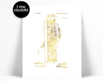 Wright Brothers Patent Illustration - Gold Foil Print - Airplane Poster - Gift for Pilot - Airplane Art Print - Vintage Airplane Art - Retro