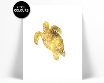 Sea Turtle Art Print - Real Gold Foil Print - Nautical Wall Decor - Coastal Art - Turtle Poster - Cottage Wall Art - Beach Decor - Ocean Art